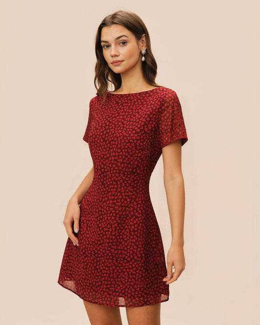 Vestido Mini Floral con Cuello Barco Rojo