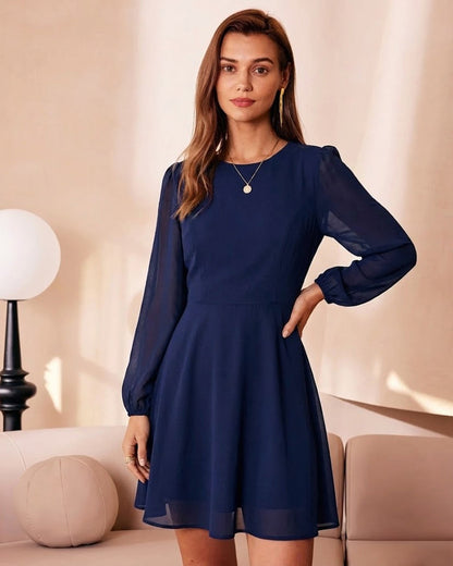 Vestido Mini A-Line de Chifón Azul Sin Espalda