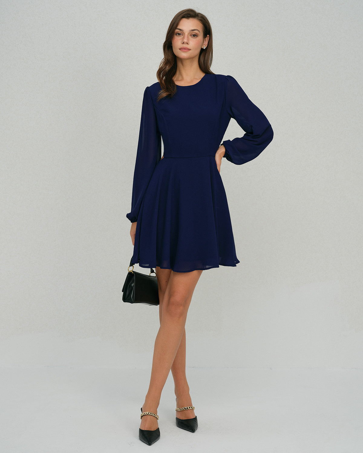 Vestido Mini A-Line de Chifón Azul Sin Espalda