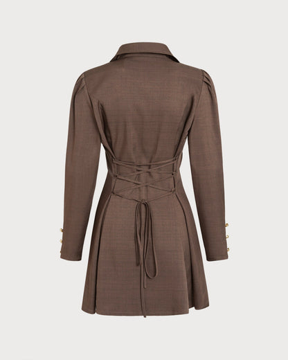 Vestido Mini con Botón y Corbata Marrón