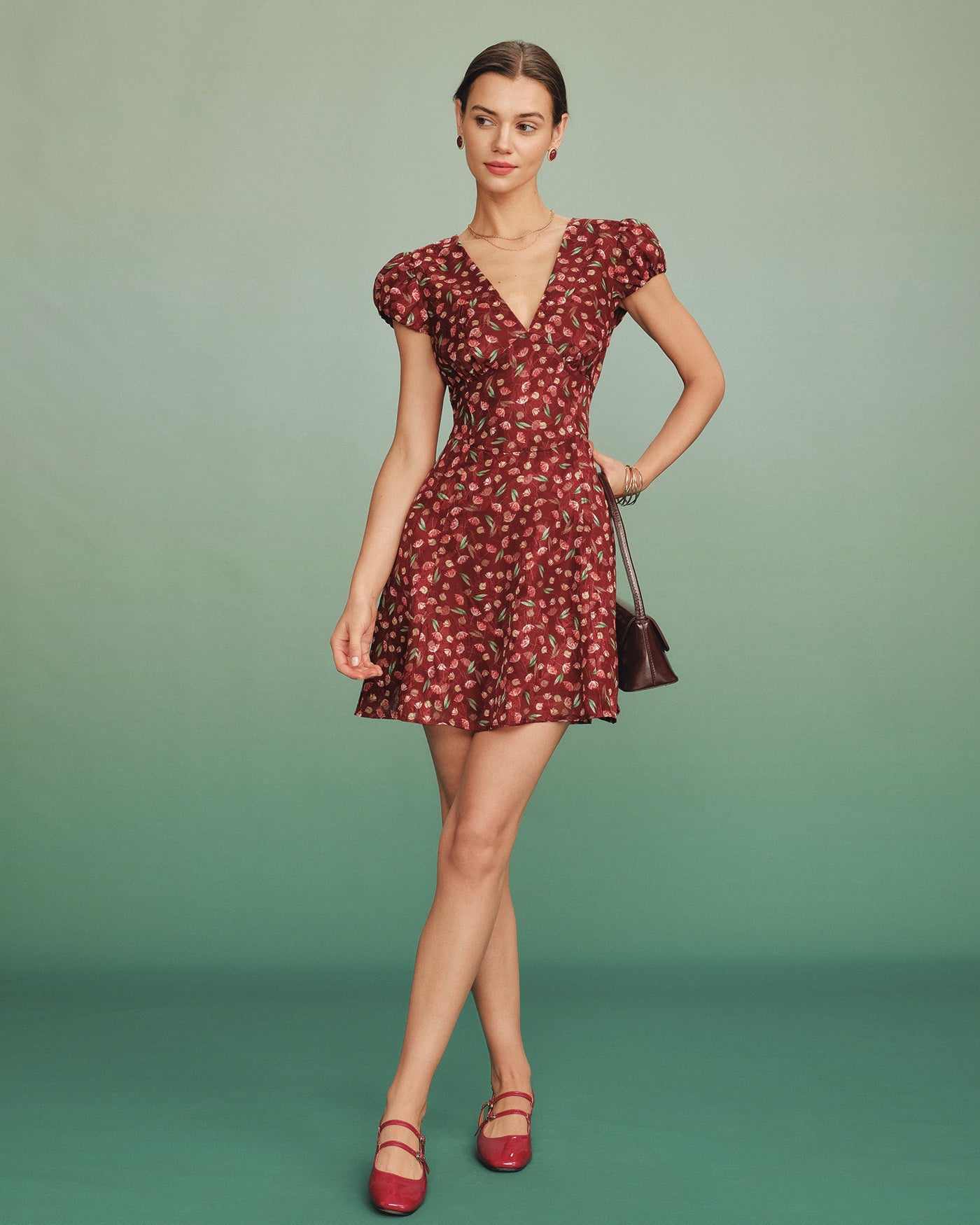 Túnica Mini Vestido Jacquard Cuello en V Rojo
