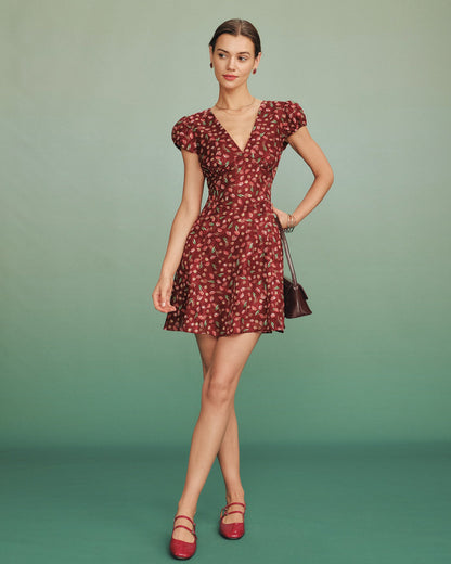 Túnica Mini Vestido Jacquard Cuello en V Rojo