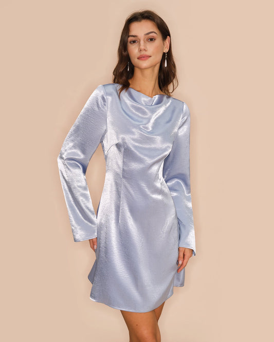 Vestido Mini de Satén con Mangas de Campana Azul