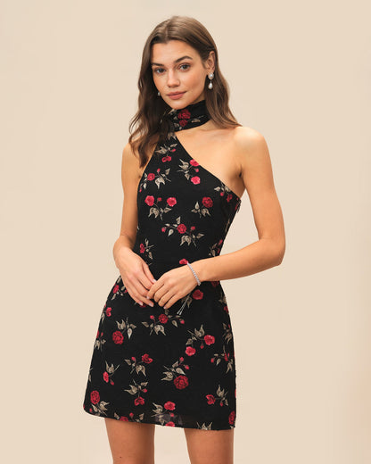 Vestido Mini Jacquard Negro de Un Hombro