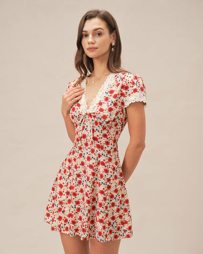 Vestido Mini de Encaje Floral con Cuello en V Rojo