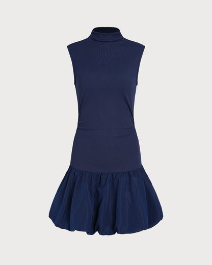 Vestido Mini Con Cuello Alto Arrugado Marinho