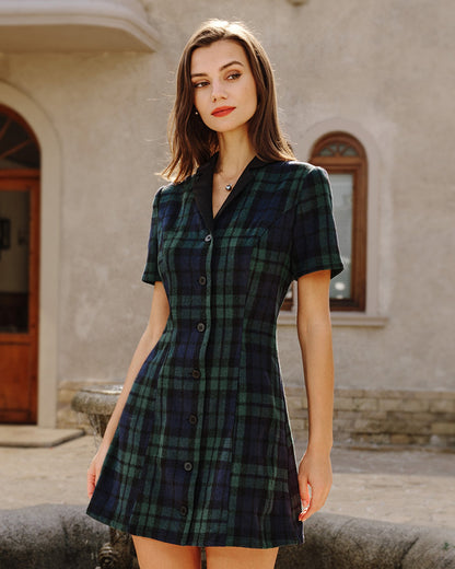 Vestido Mini de Cuello a Cuadros Verde