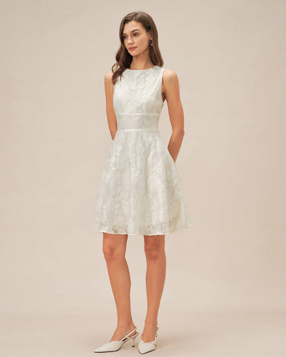 Vestido Mini Jacquard de Cuello Redondo Blanco