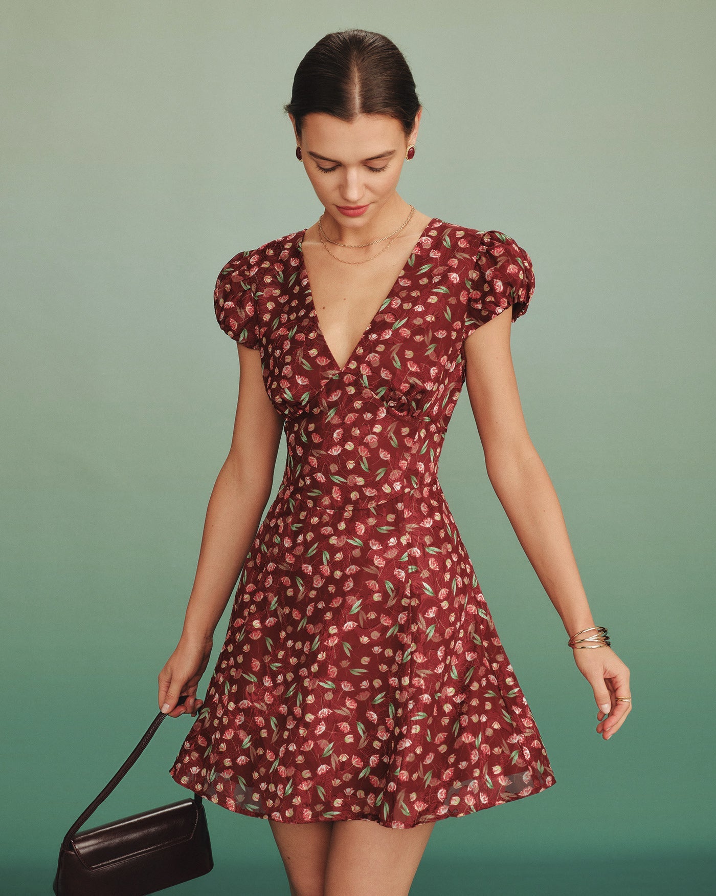 Túnica Mini Vestido Jacquard Cuello en V Rojo