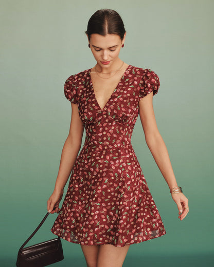 Túnica Mini Vestido Jacquard Cuello en V Rojo