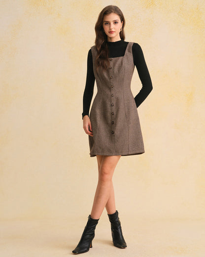 Vestido Mini Sin Mangas con Escote Cuadrado Marrón