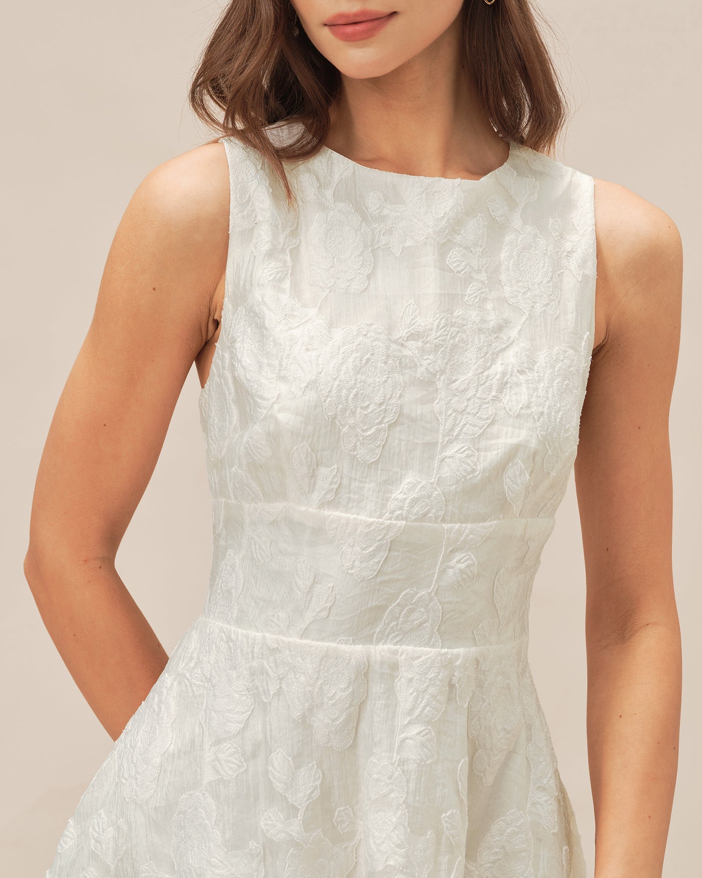Vestido Mini Jacquard de Cuello Redondo Blanco