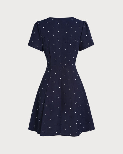 Vestido Mini de Botones con Cuello en V y Lunares Azules