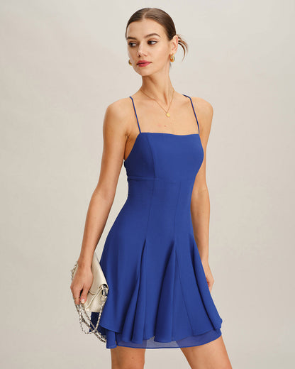 Vestido Mini Sin Espalda de Chifón Azul