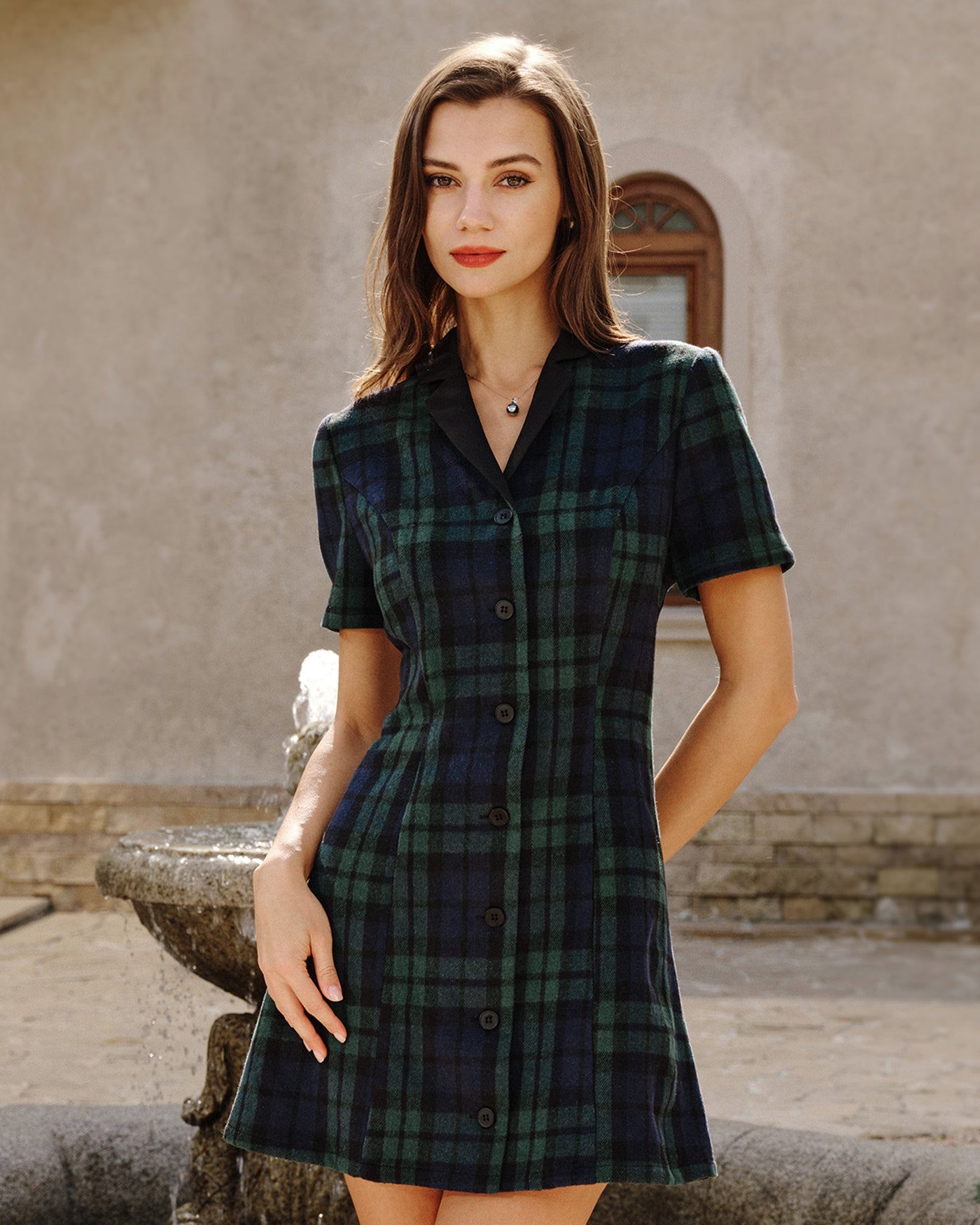 Vestido Mini de Cuello a Cuadros Verde