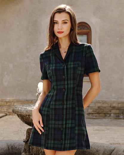 Vestido Mini de Cuello a Cuadros Verde