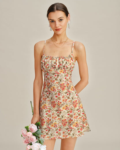 Vestido Mini Slip Floral con Fruncidos