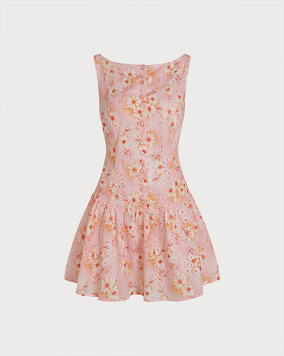 Vestido Mini Floral con Cuello Barco