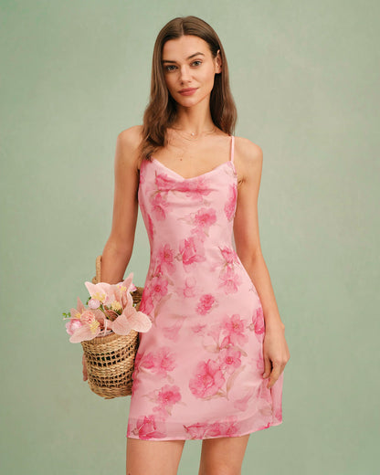 Vestido Mini Slip Floral con Cuello de Cowl Rosa