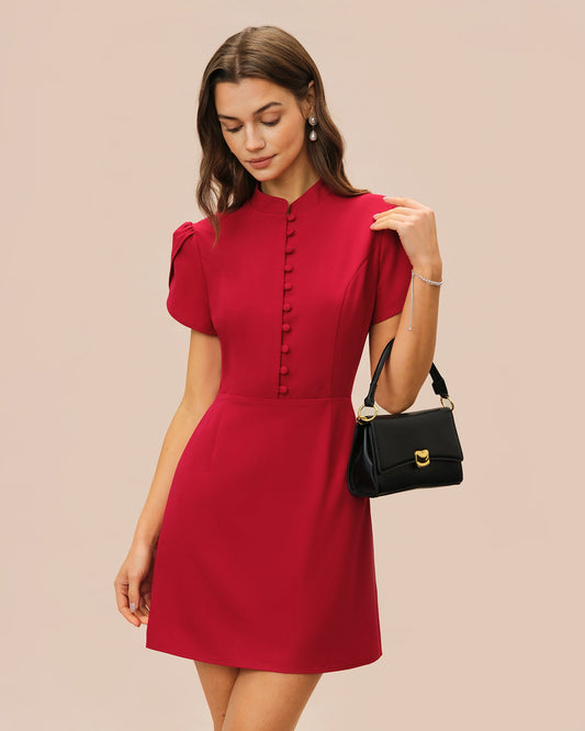 Vestido Mini de Manga de Pétalo Rojo