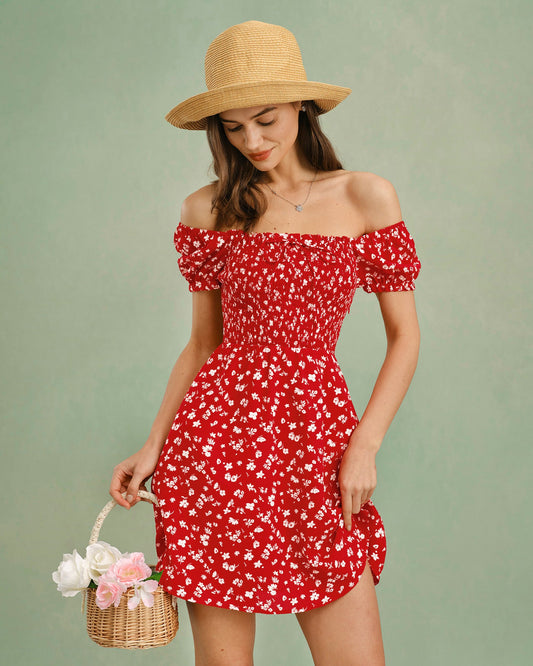 Vestido Mini Floral de Cuello Cuadrado Rojo