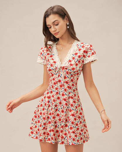 Vestido Mini de Encaje Floral con Cuello en V Rojo