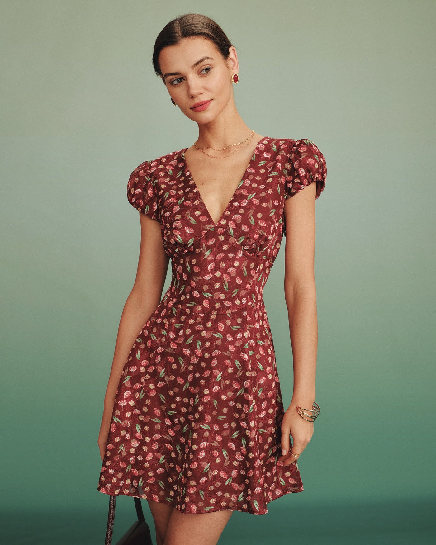 Túnica Mini Vestido Jacquard Cuello en V Rojo