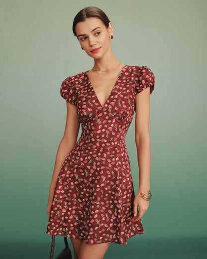 Túnica Mini Vestido Jacquard Cuello en V Rojo