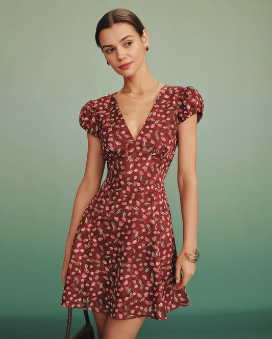 Túnica Mini Vestido Jacquard Cuello en V Rojo