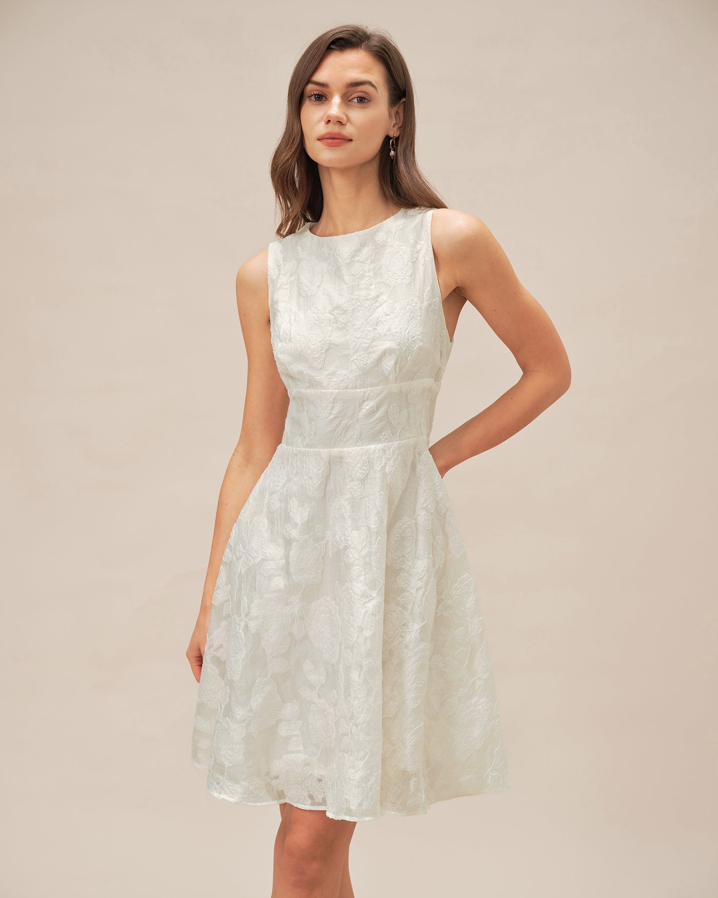 Vestido Mini Jacquard de Cuello Redondo Blanco