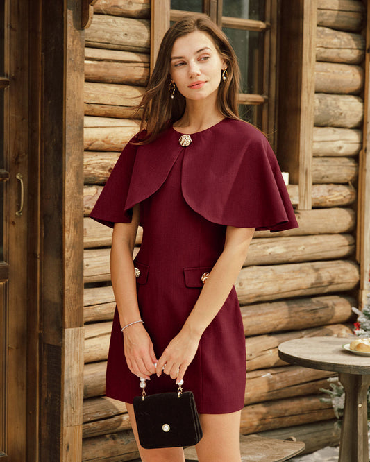 Vestido Mini de Manga Capa con Bolsillos en Rojo Vino