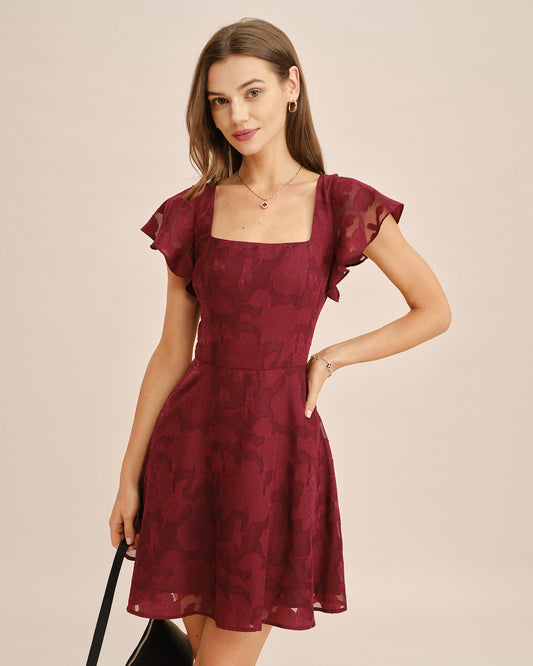 Vestido Mini Jacquard de Cuello Cuadrado Color Rojo Vino