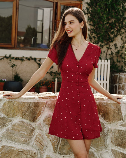 Vestido Mini de Puntos con Cuello en V Color Rojo Vino