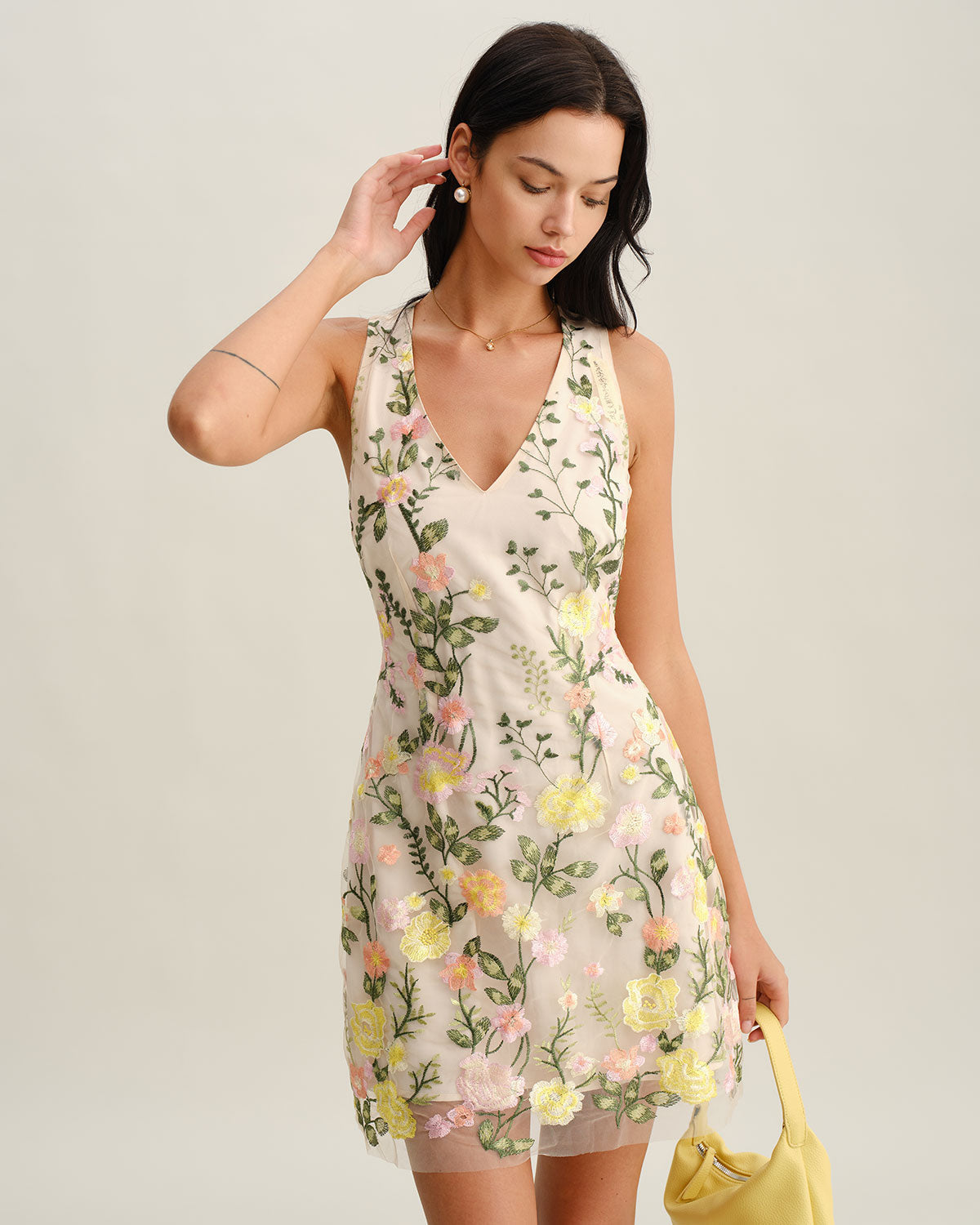 Vestido Mini Sin Mangas Amarillo con Flores