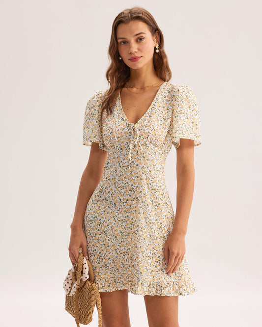 Vestido Mini Amarillo Floral con Escote en V