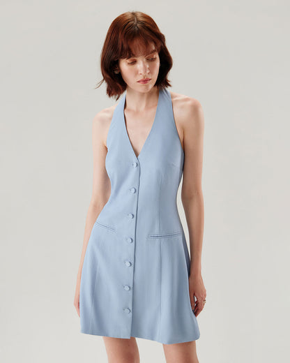 Vestido Mini Halter de Botón Azul