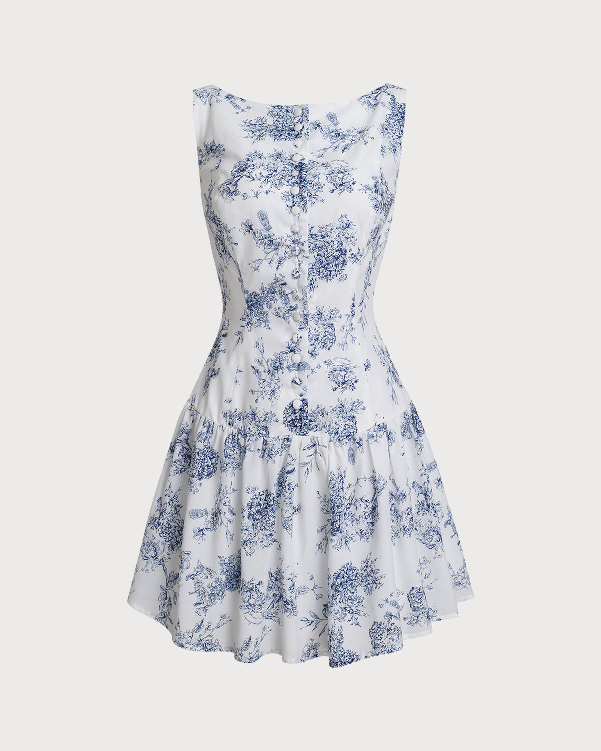 Vestido Mini Sin Mangas de Cuello Barco Floral Azul