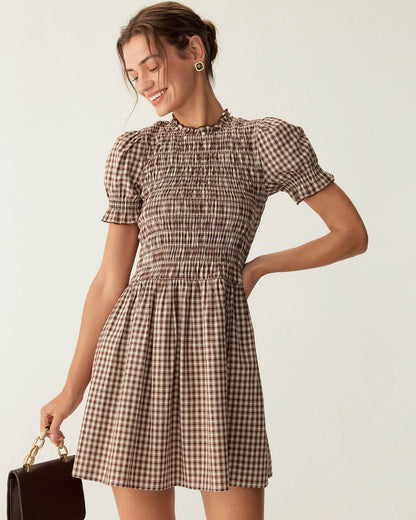Vestido Mini de Manga Abullonada en Gingham Café