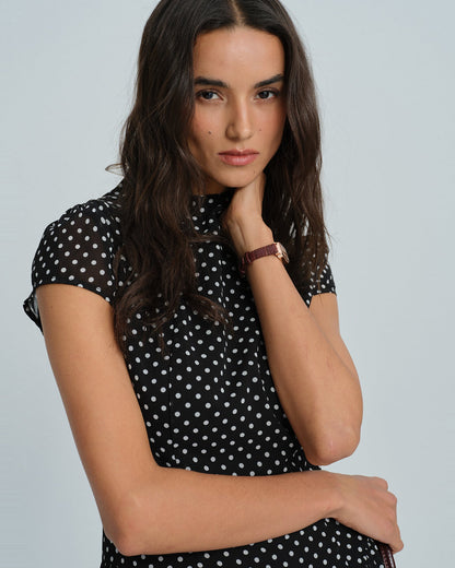 Vestido Mini de Chifón con Lunares Negros