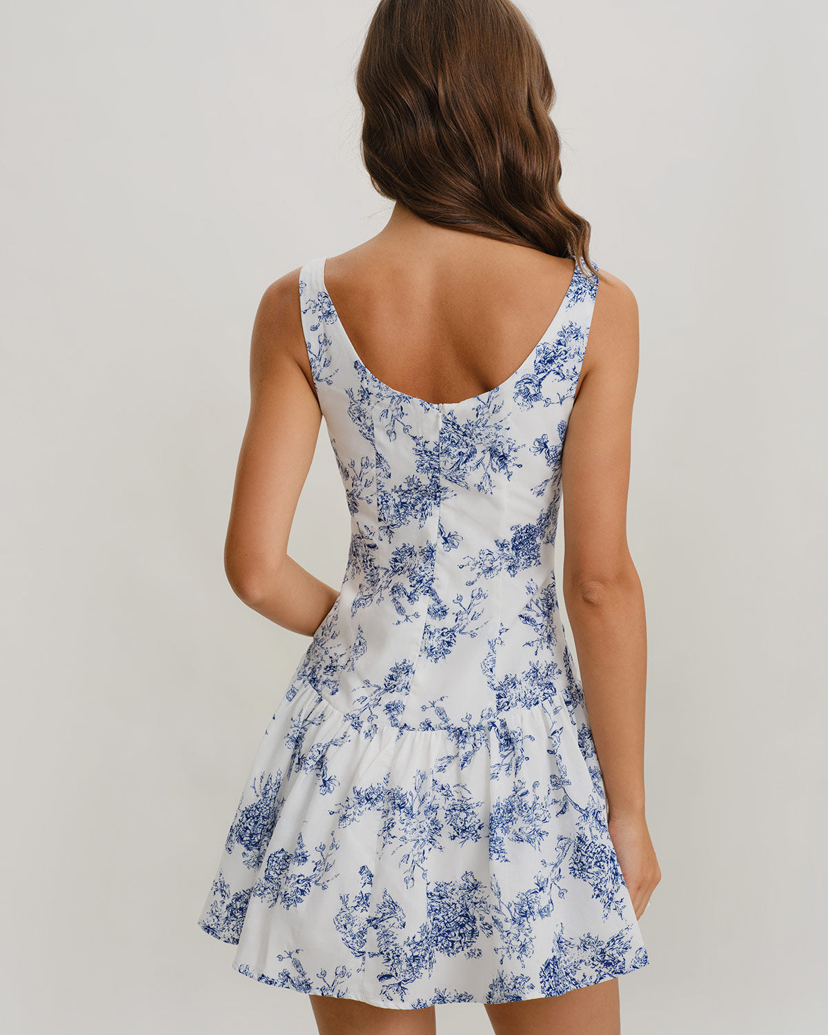 Vestido Mini Sin Mangas de Cuello Barco Floral Azul