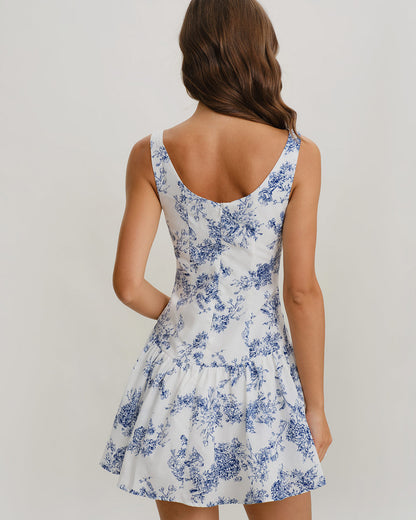 Vestido Mini Sin Mangas de Cuello Barco Floral Azul