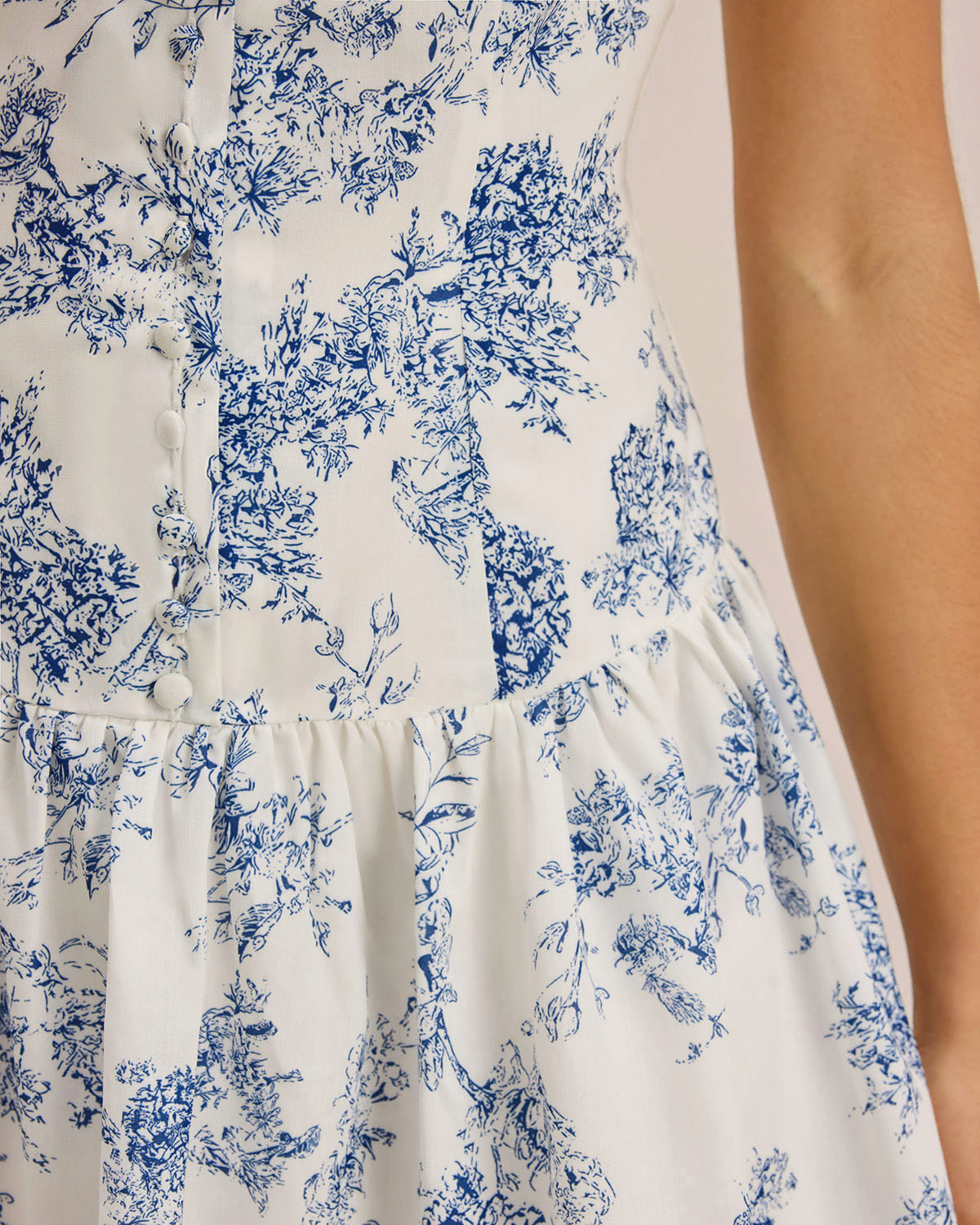 Vestido Mini Sin Mangas de Cuello Barco Floral Azul