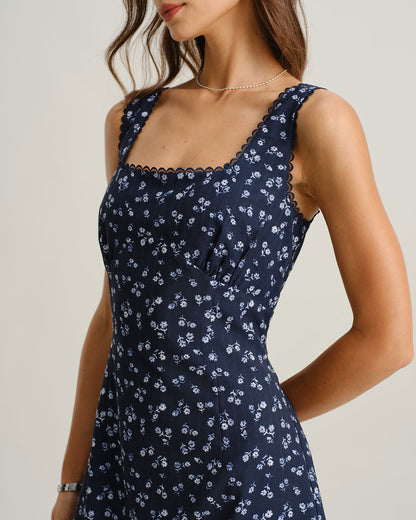 Vestido Mini Sin Mangas con Cuello Cuadrado Floral en Azul Marino