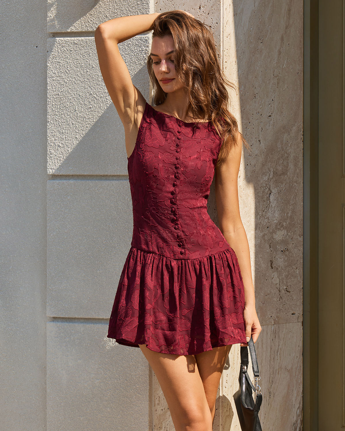 Vestido Mini A-Line de Jacquard Rojo con Cuello Barco