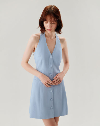 Vestido Mini Halter de Botón Azul