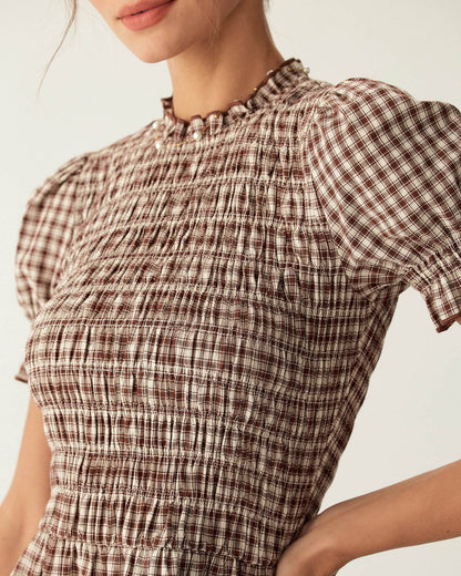 Vestido Mini de Manga Abullonada en Gingham Café