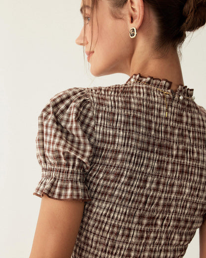 Vestido Mini de Manga Abullonada en Gingham Café