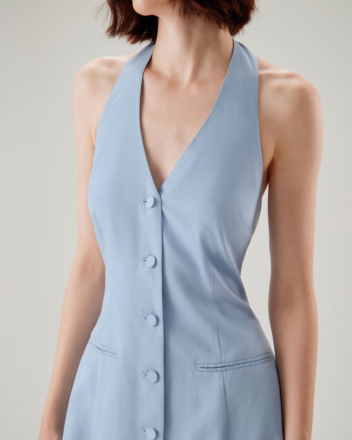 Vestido Mini Halter de Botón Azul