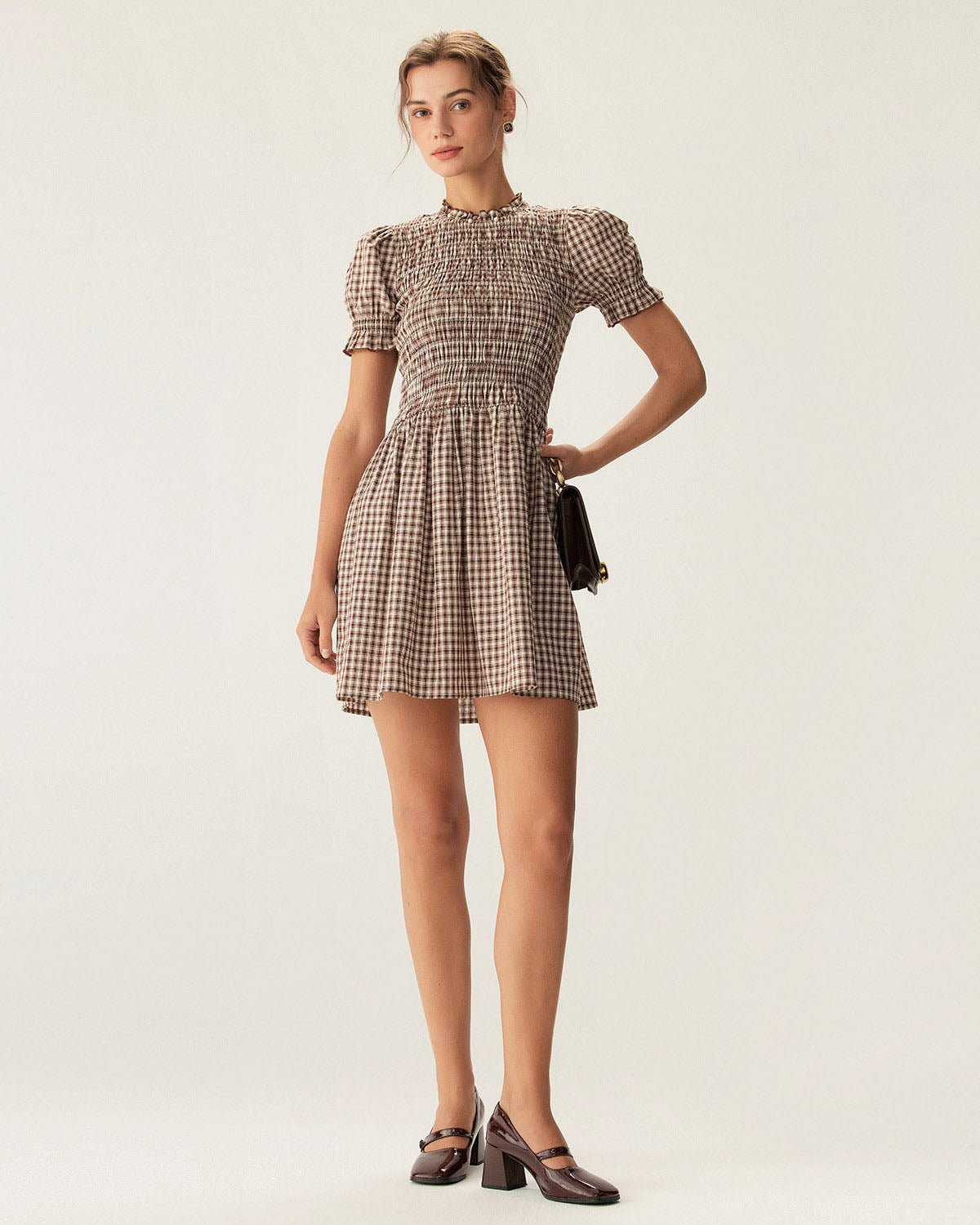 Vestido Mini de Manga Abullonada en Gingham Café