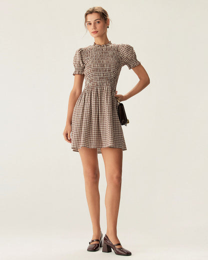 Vestido Mini de Manga Abullonada en Gingham Café